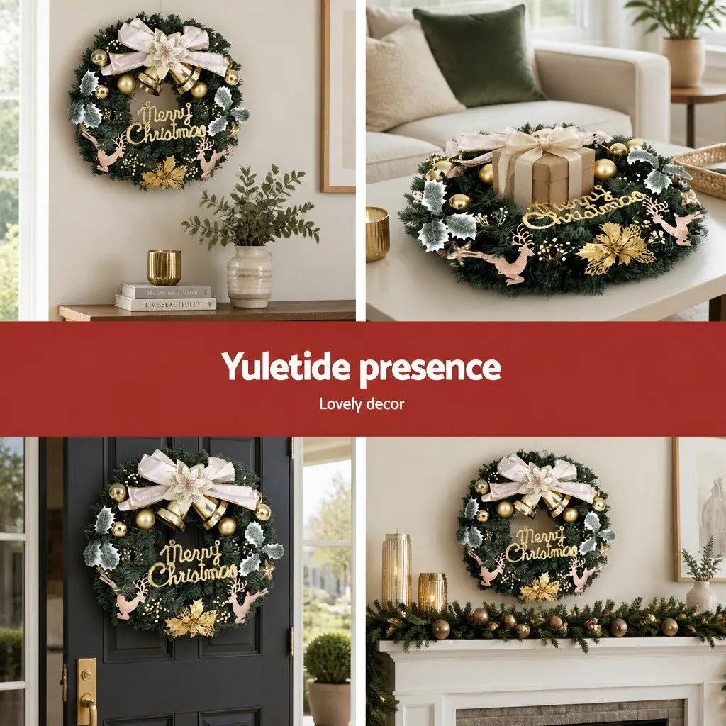 Christmas Wreath Green 60CM with Baubles Reindeer and Gold Bow