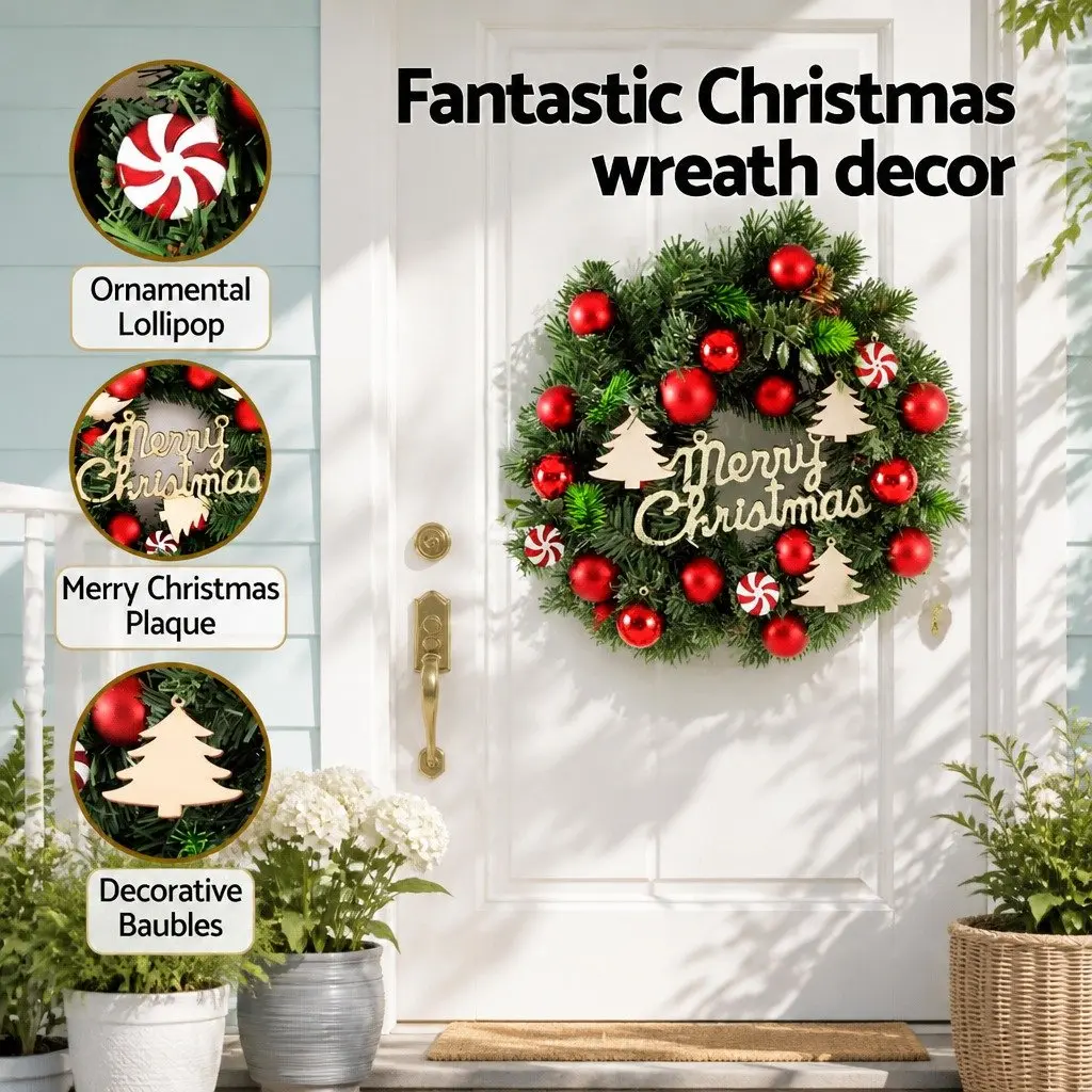 Christmas Wreath Green 40CM PVC PE with Baubles Ornaments Indoor Outdoor