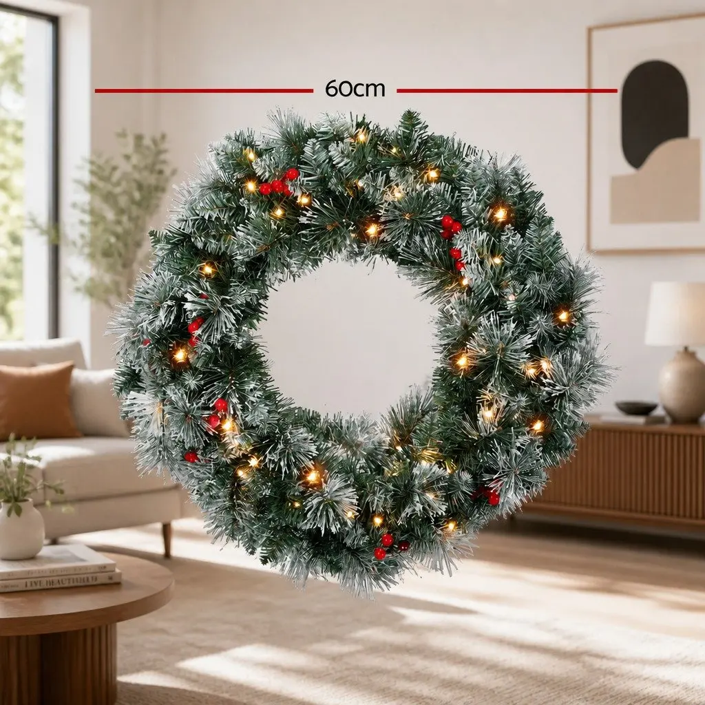 Christmas Wreath Pre-lit 60cm Artificial Pine Needles Red Berries Warm LED Lights
