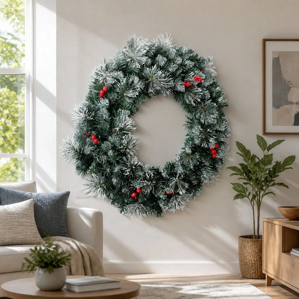 Christmas Wreath Pre-lit 60cm Artificial Pine Needles Red Berries Warm LED Lights