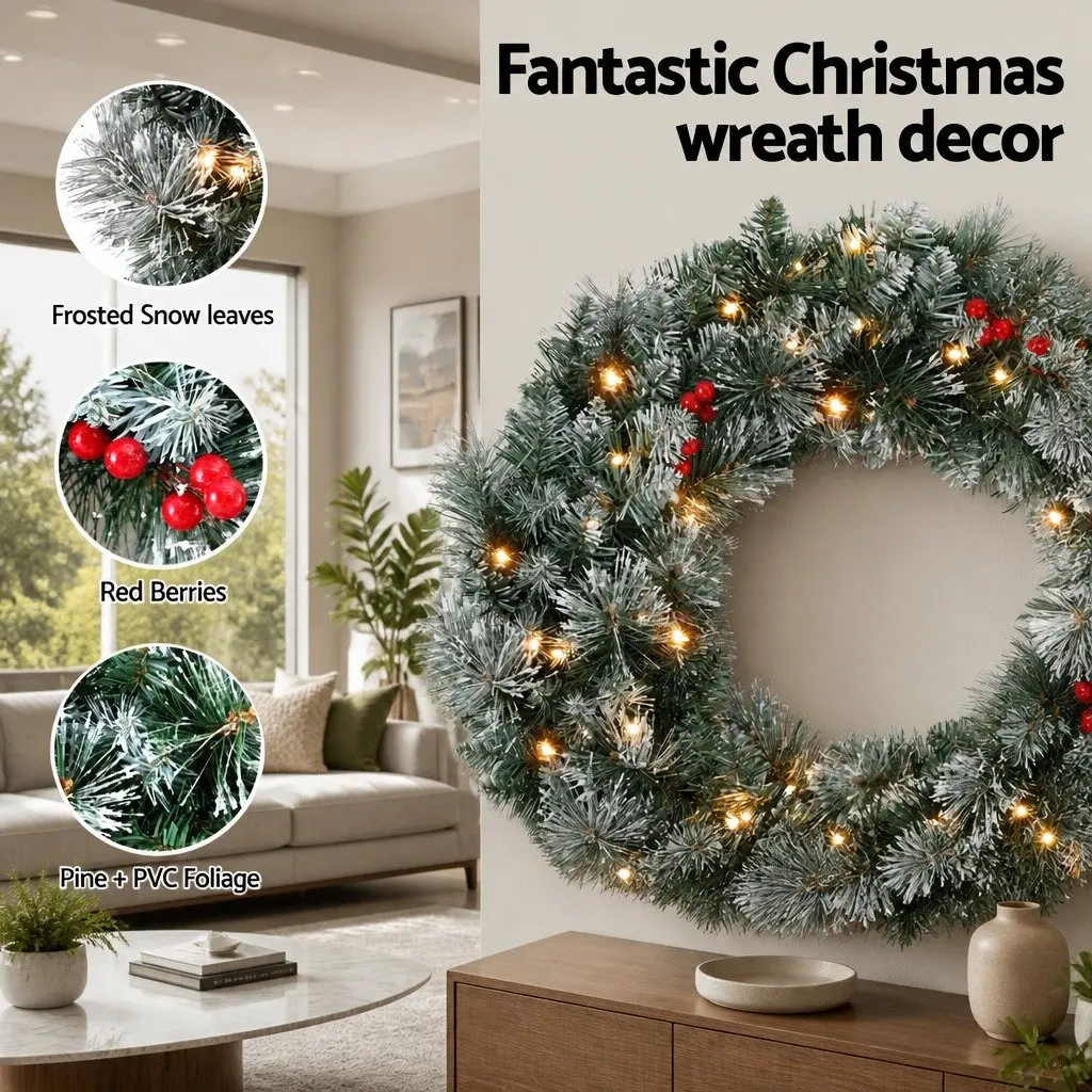 Christmas Wreath Pre-lit 60cm Artificial Pine Needles Red Berries Warm LED Lights