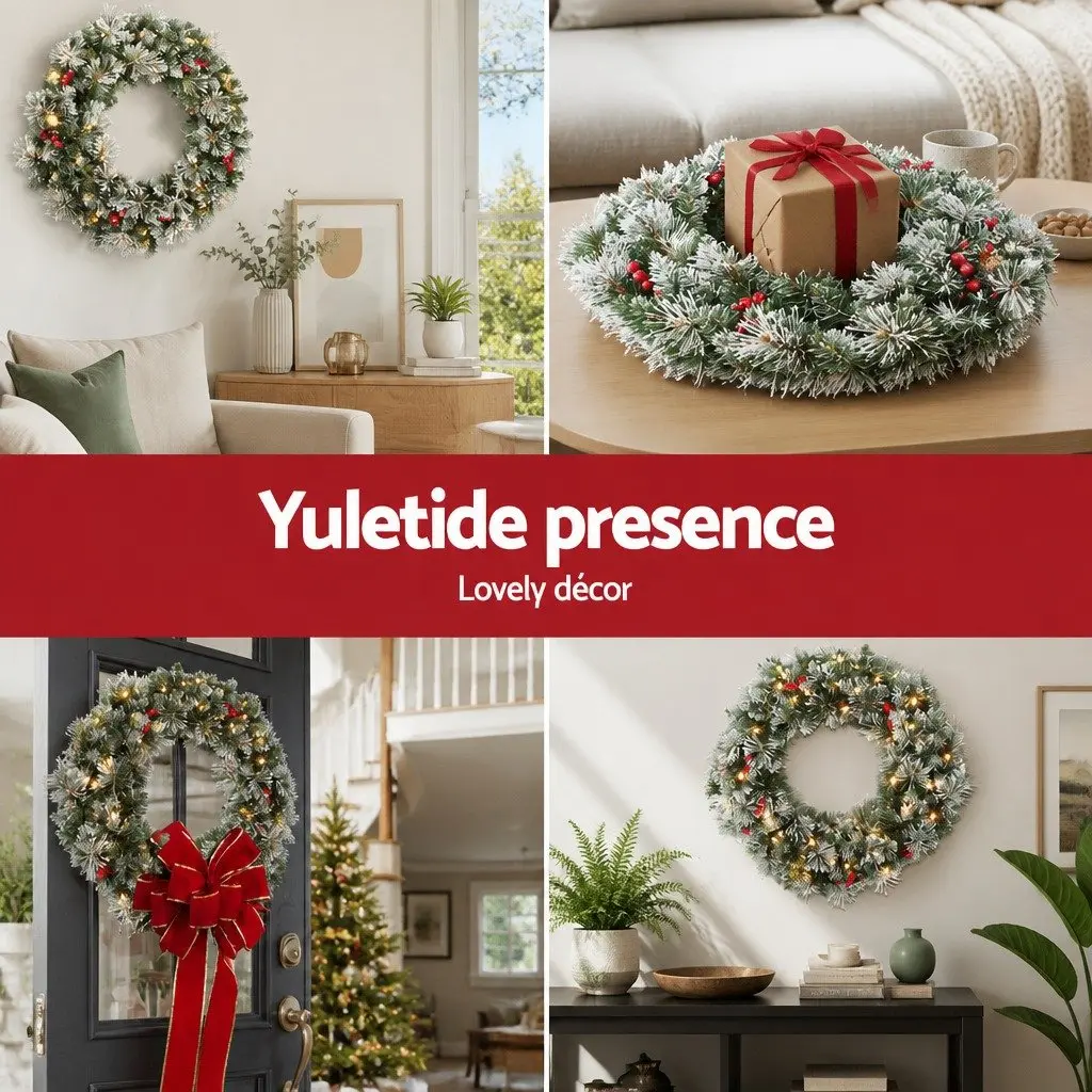 Christmas Wreath Pre-lit 60cm Artificial Pine Needles Red Berries Warm LED Lights