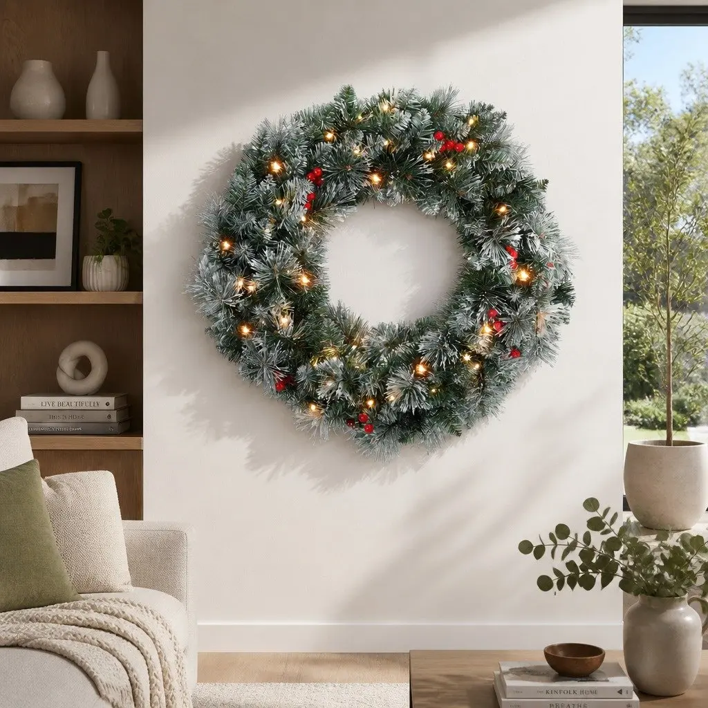 Christmas Wreath Pre-lit 60cm Artificial Pine Needles Red Berries Warm LED Lights