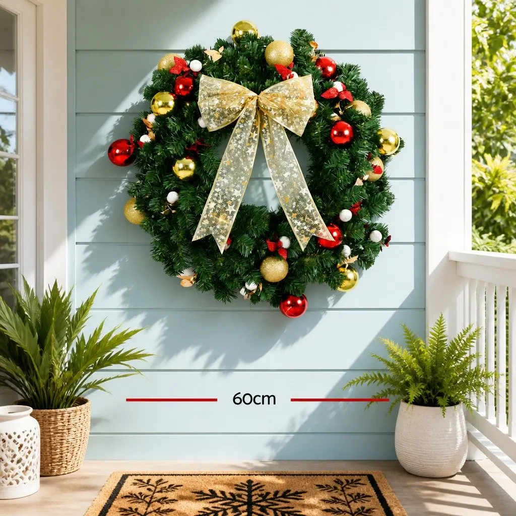 Christmas Wreath 60cm Green Prelit LED Garland with Baubles Berries and Bow