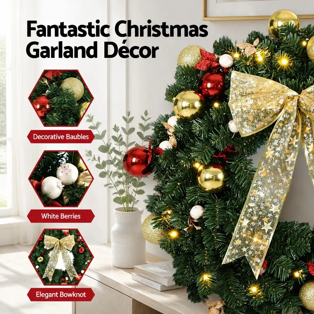 Christmas Wreath 60cm Green Prelit LED Garland with Baubles Berries and Bow