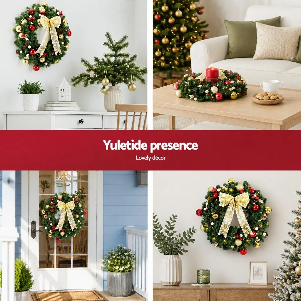 Christmas Wreath 60cm Green Prelit LED Garland with Baubles Berries and Bow