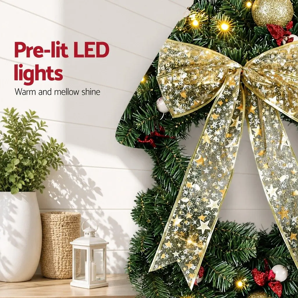 Christmas Wreath 60cm Green Prelit LED Garland with Baubles Berries and Bow