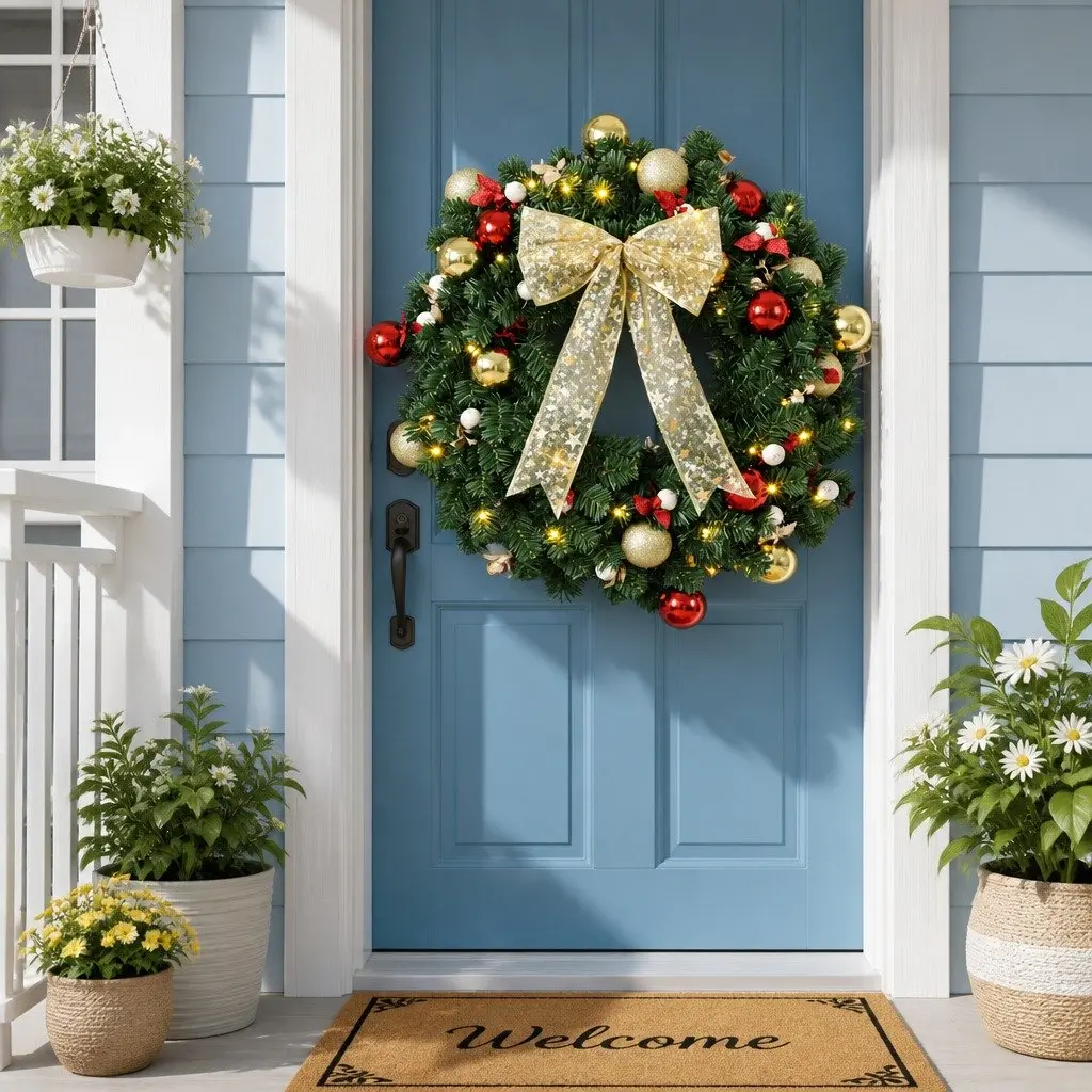 Christmas Wreath 60cm Green Prelit LED Garland with Baubles Berries and Bow