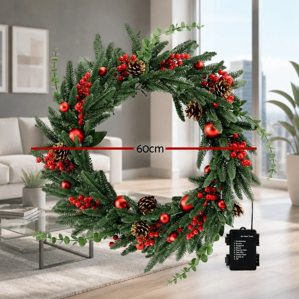 60cm Pre-lit Christmas Wreath LED Pine Cones Red Berries Green