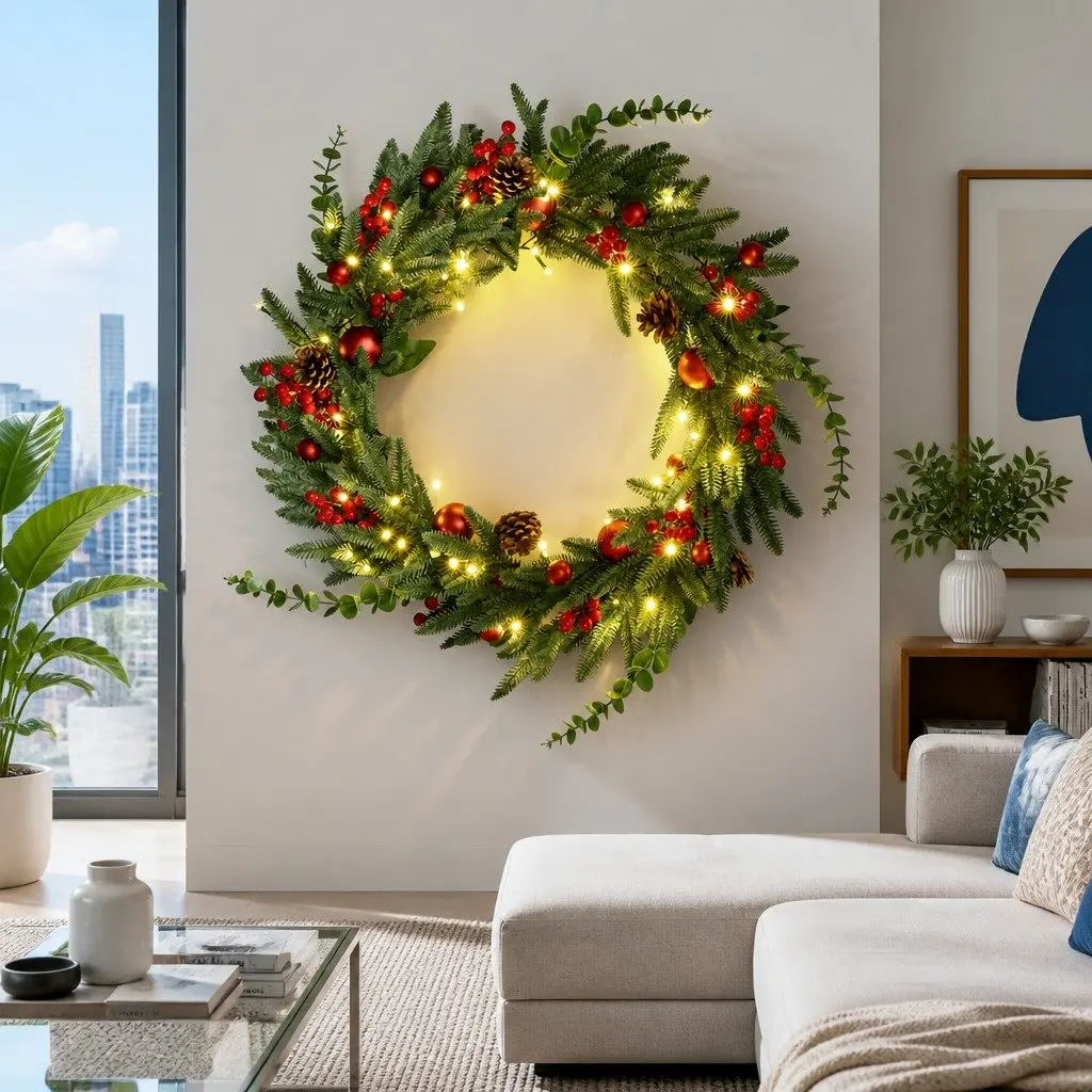 60cm Pre-lit Christmas Wreath LED Pine Cones Red Berries Green