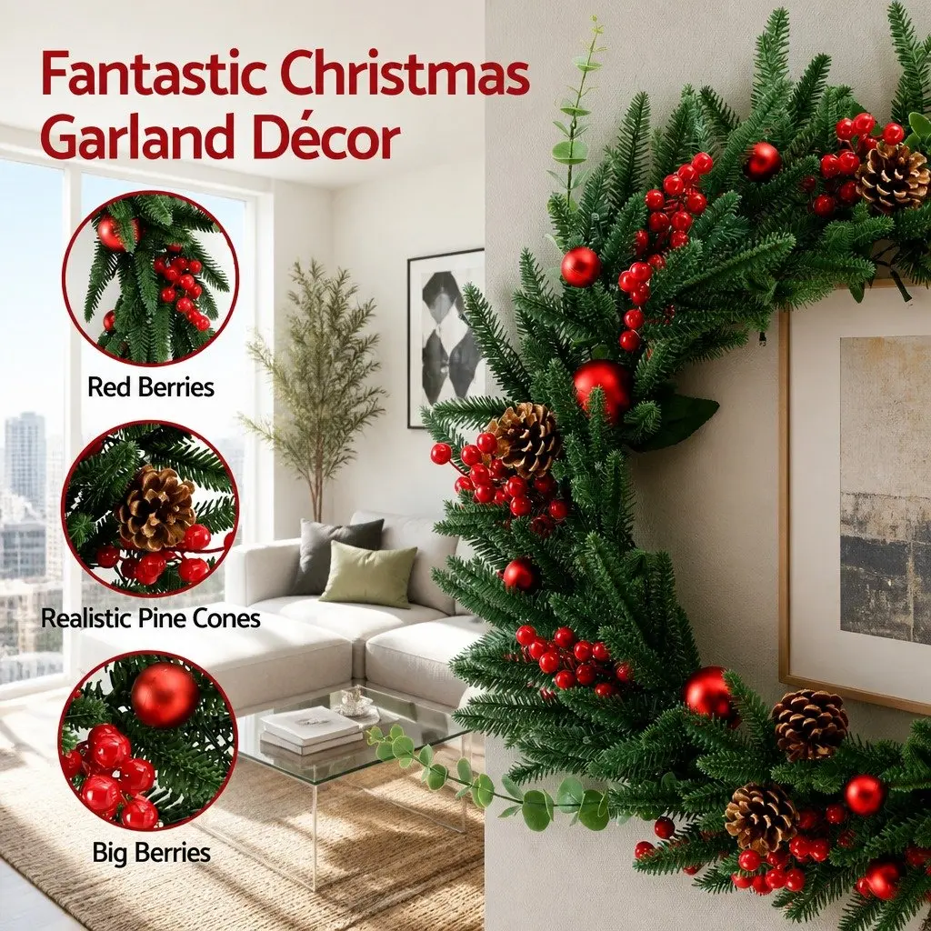 60cm Pre-lit Christmas Wreath LED Pine Cones Red Berries Green