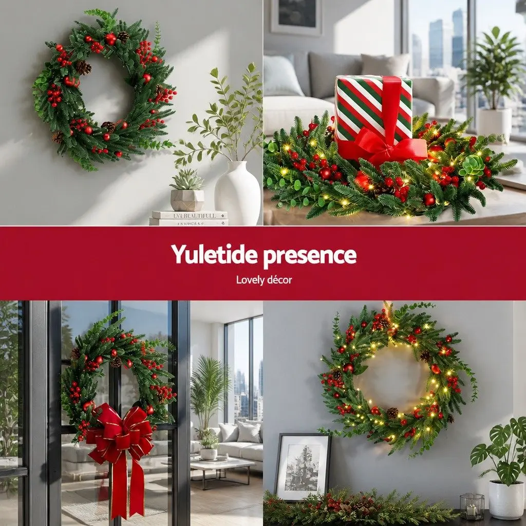 60cm Pre-lit Christmas Wreath LED Pine Cones Red Berries Green