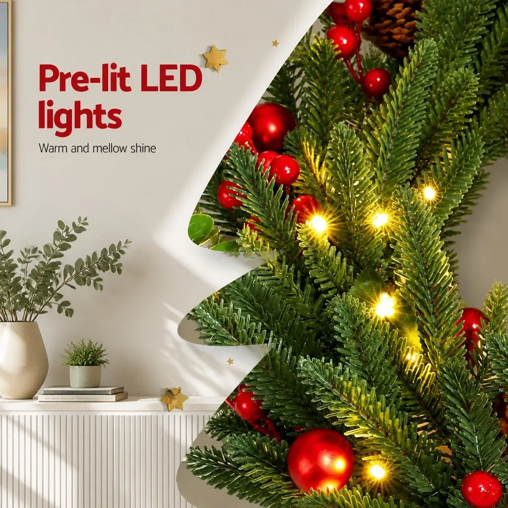 60cm Pre-lit Christmas Wreath LED Pine Cones Red Berries Green