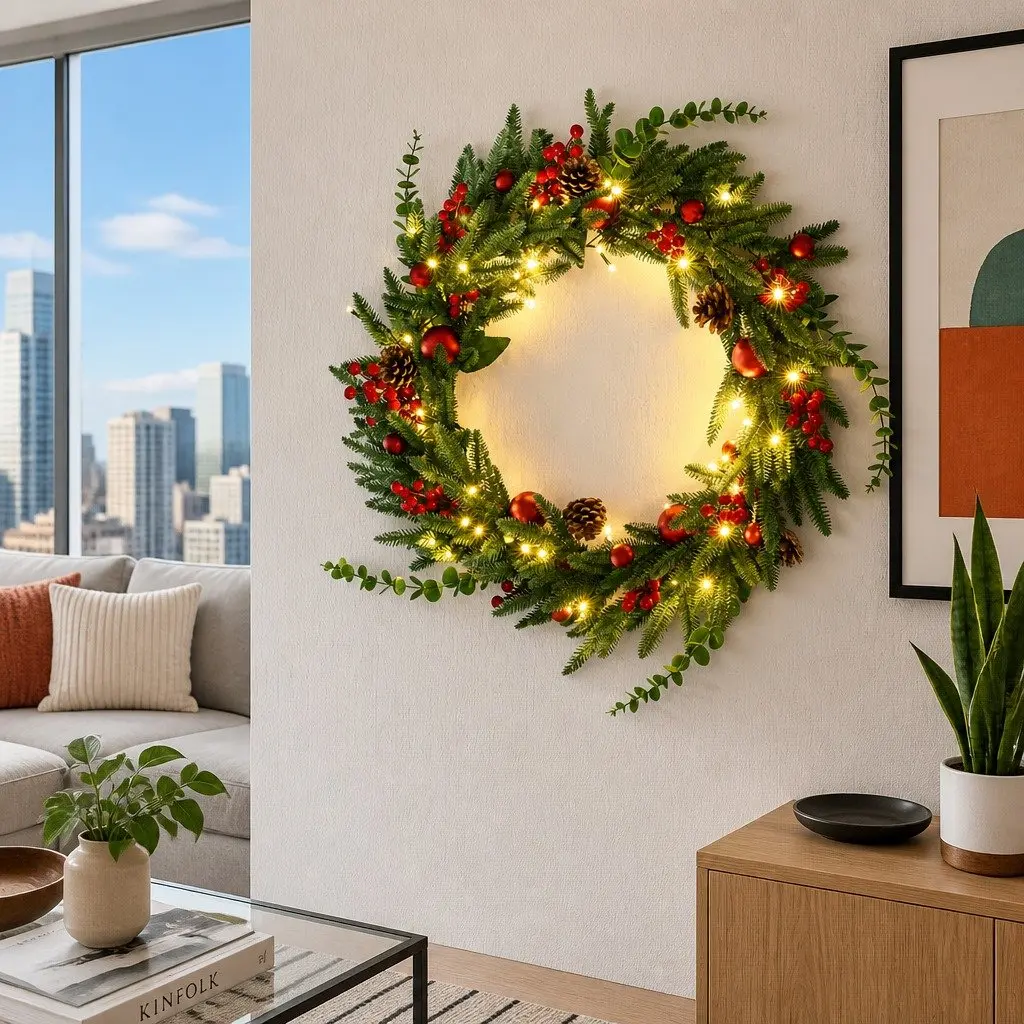 60cm Pre-lit Christmas Wreath LED Pine Cones Red Berries Green