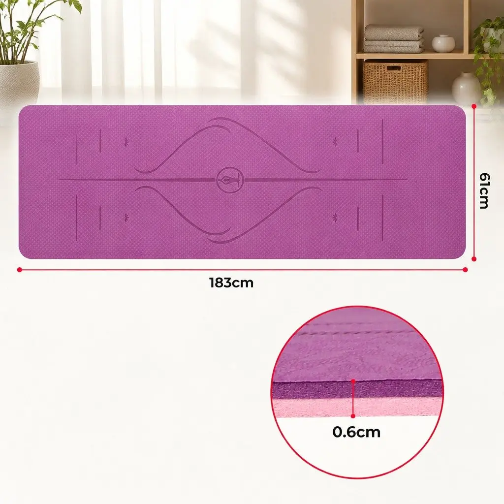 Yoga Mat TPE 6mm Thick Non-Slip Exercise Mat with Body Alignment Lines Purple
