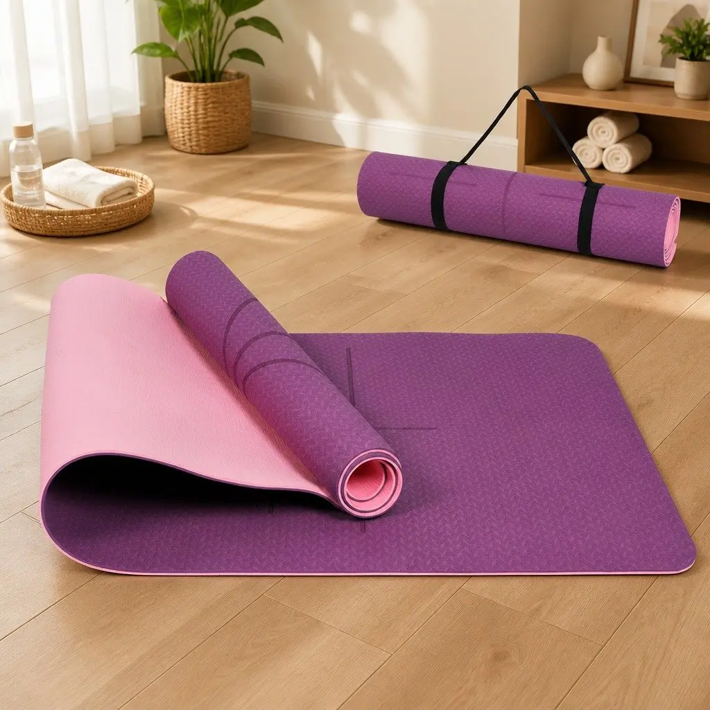 Yoga Mat TPE 6mm Thick Non-Slip Exercise Mat with Body Alignment Lines Purple