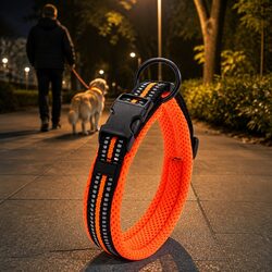 Heavy Duty Reflective Dog Collar with Safety Lock Clip and Stainless Steel Ring