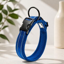 Heavy Duty Reflective Dog Collar XL Blue Night Safety Leash Attachment O Ring