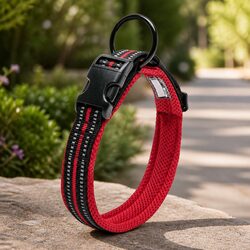 Heavy Duty Dog Collar Reflective Safety Lock Stainless Steel O Ring XL Red