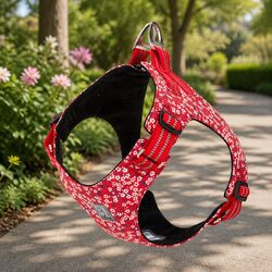 Dog Harness Floral Design Red Lightweight Adjustable Straps Reflective Pet