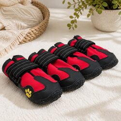 Dog Booties Weatherproof Paw Protector Red Size 4 Pack Reflective Velcro Straps