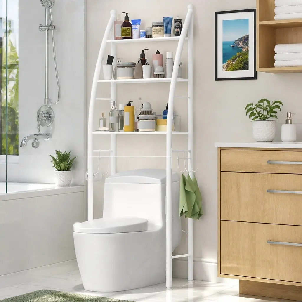 Toilet Storage Rack Metal 3-Layer Shelves 47x25x168cm White