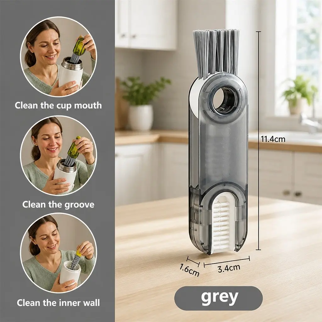 Cup Cleaning Brush Plastic Three-in-One Tool Set 3.4x1.6x11.4cm Grey Blue Green