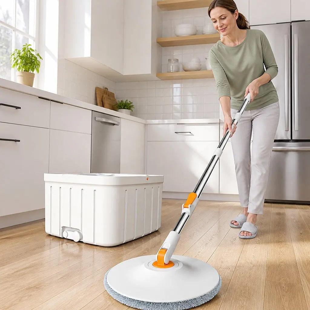 Rotary Flat Mop Cleaning System ABS Stainless Steel 102x18x23cm Orange White