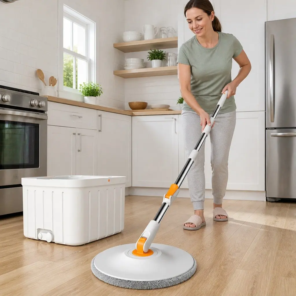Rotary Flat Mop Cleaning System ABS Stainless Steel 102x18x23cm Orange White