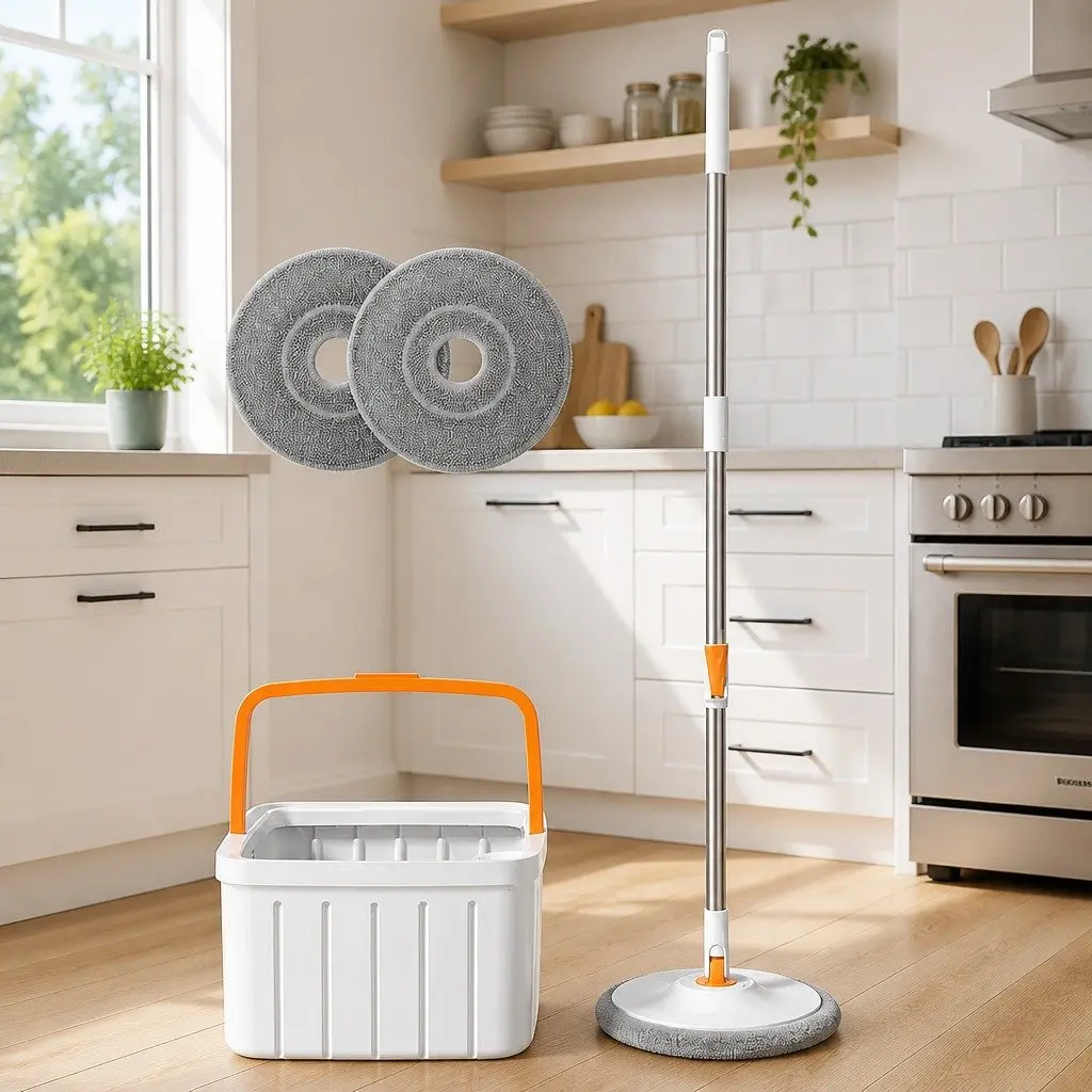 Rotary Flat Mop Cleaning System ABS Stainless Steel 102x18x23cm Orange White