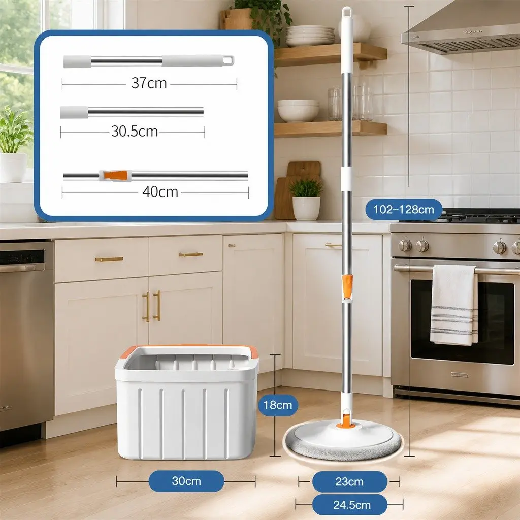 Rotary Flat Mop Cleaning System ABS Stainless Steel 102x18x23cm Orange White