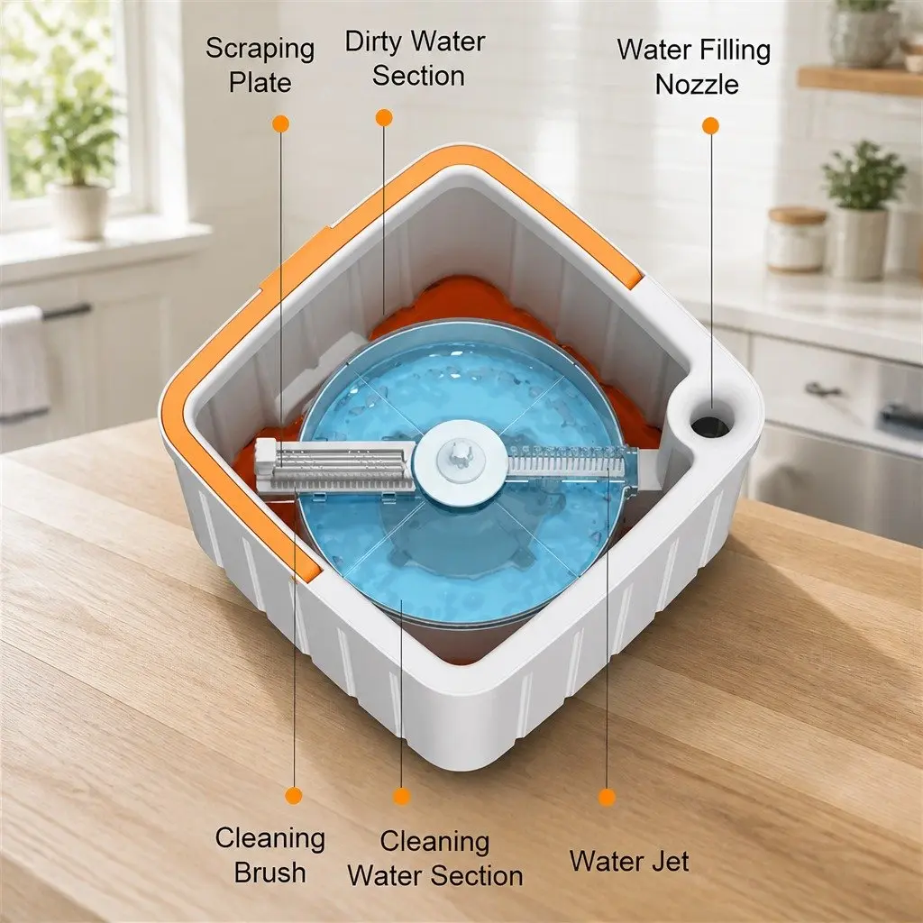 Rotary Flat Mop Cleaning System ABS Stainless Steel 102x18x23cm Orange White