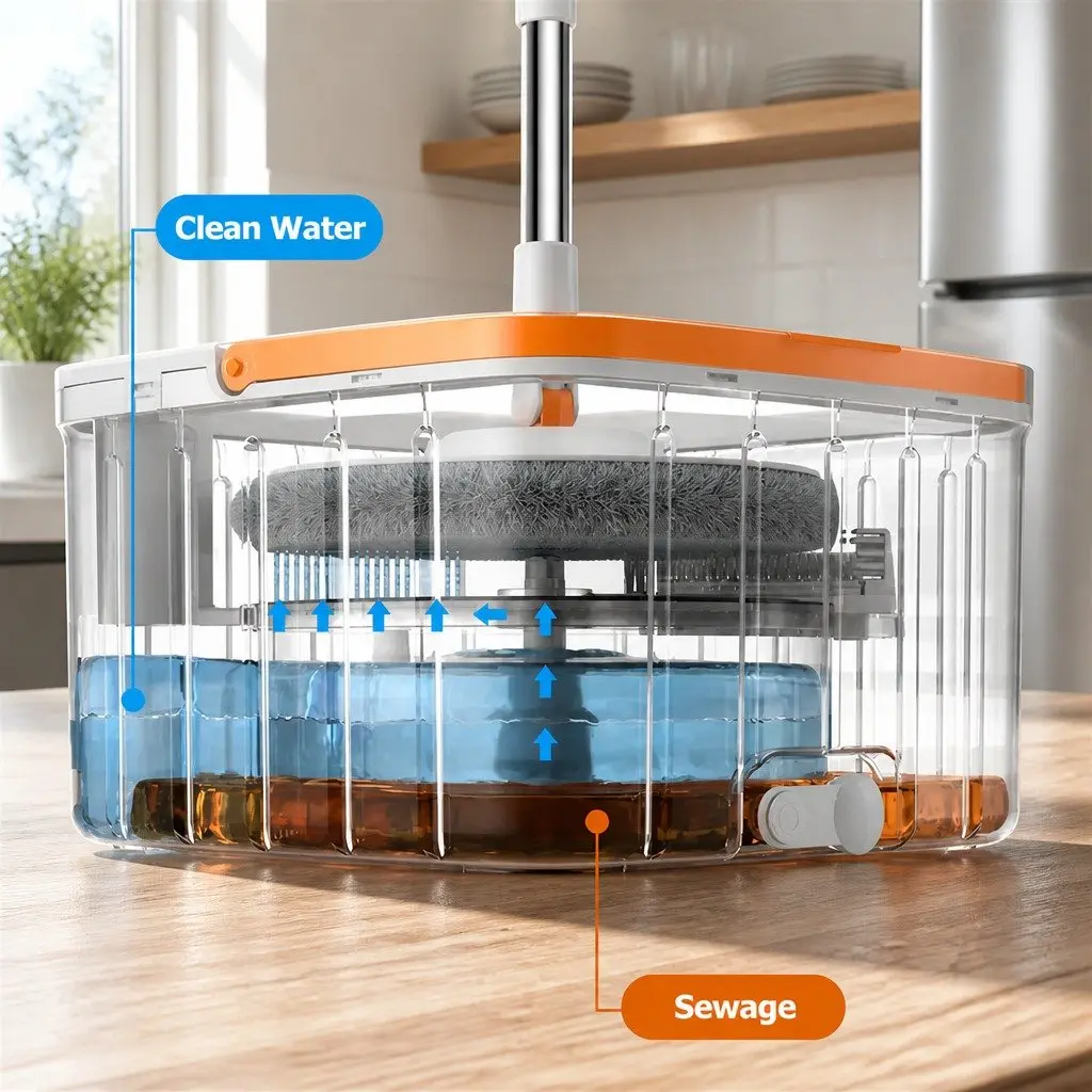 Rotary Flat Mop Cleaning System ABS Stainless Steel 102x18x23cm Orange White