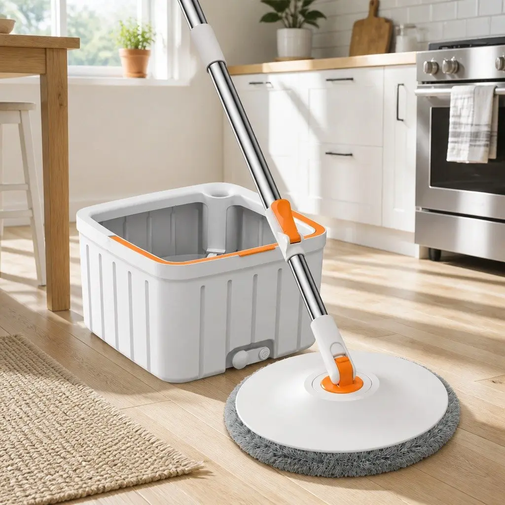 Rotary Flat Mop Cleaning System ABS Stainless Steel 102x18x23cm Orange White
