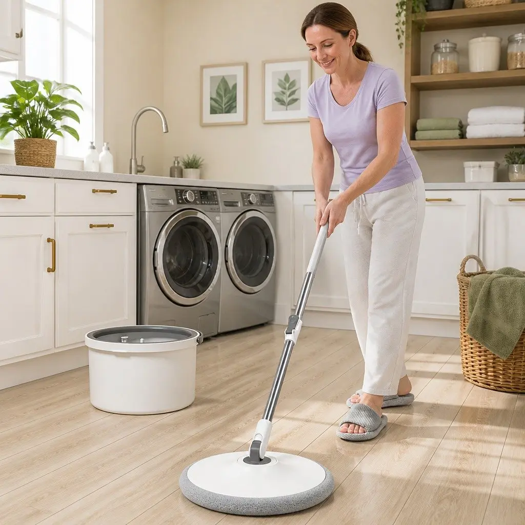 Flat Mop Rotary Hand-Wash-Free Sewage Separation Cleaning Grey White 102x18x23cm ABS PP Stainless Steel
