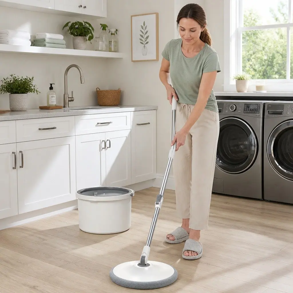 Flat Mop Rotary Hand-Wash-Free Sewage Separation Cleaning Grey White 102x18x23cm ABS PP Stainless Steel