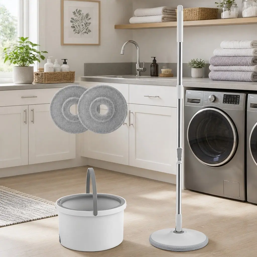 Flat Mop Rotary Hand-Wash-Free Sewage Separation Cleaning Grey White 102x18x23cm ABS PP Stainless Steel