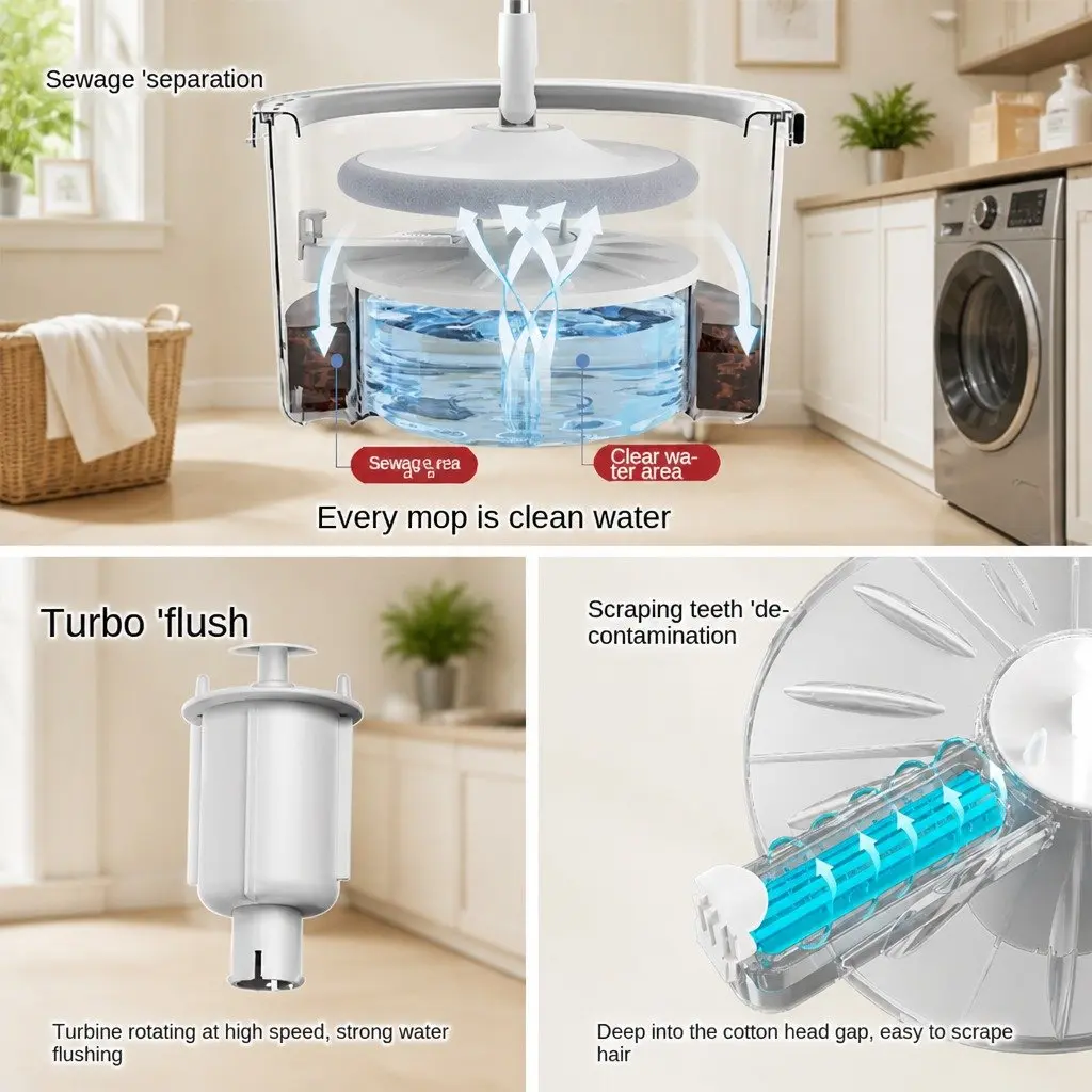 Flat Mop Rotary Hand-Wash-Free Sewage Separation Cleaning Grey White 102x18x23cm ABS PP Stainless Steel