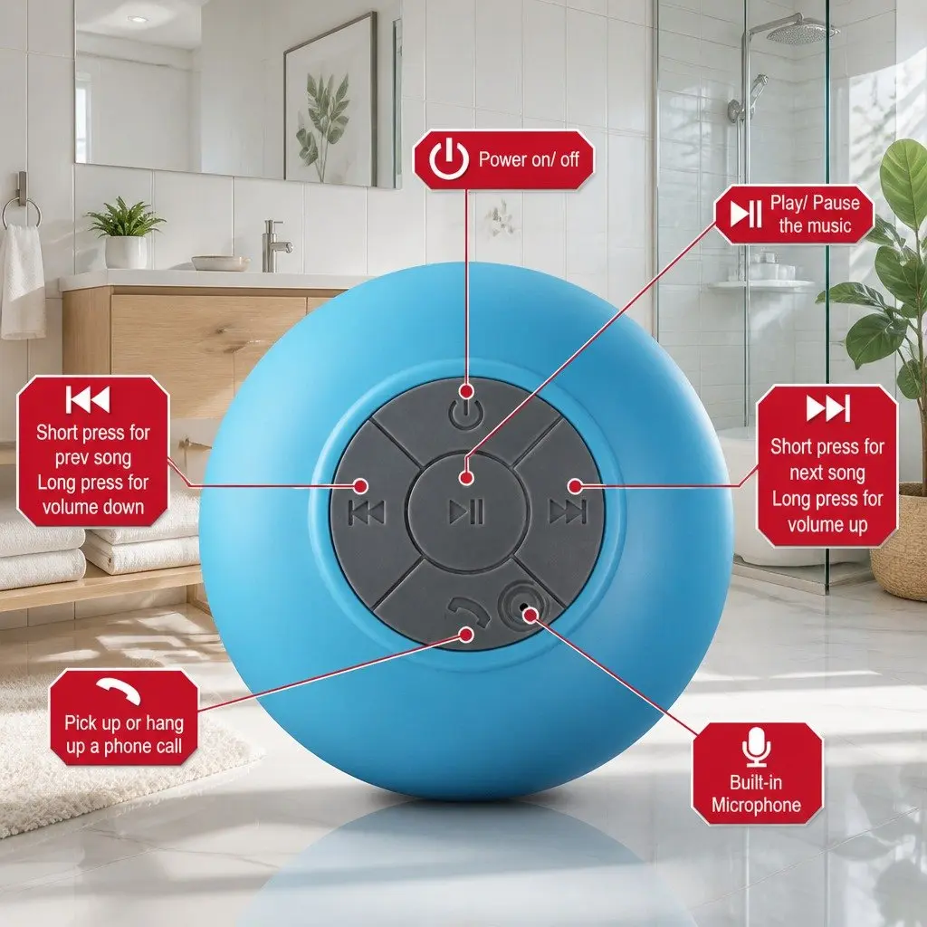 Portable Bluetooth Speaker Suction Cup Mini Stereo Waterproof Red