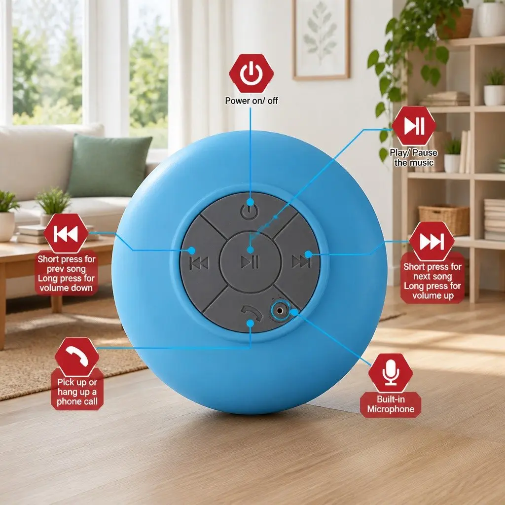 Bluetooth Speaker Portable Suction Cup Waterproof White Outdoor Music Player