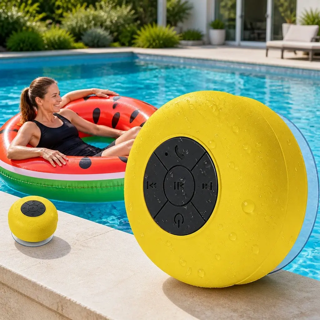 Portable Speaker Waterproof Bluetooth Suction Cup Mount Yellow Music Player