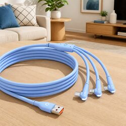 Three-in-One Fast Charging Data Cable Elbow Liquid Silicone Blue