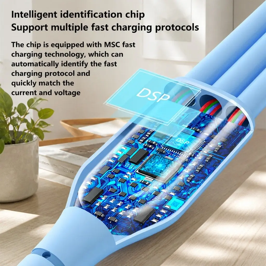 ThreeinOneChargingCableLiquidSiliconeElbowBlue12mFastCharging