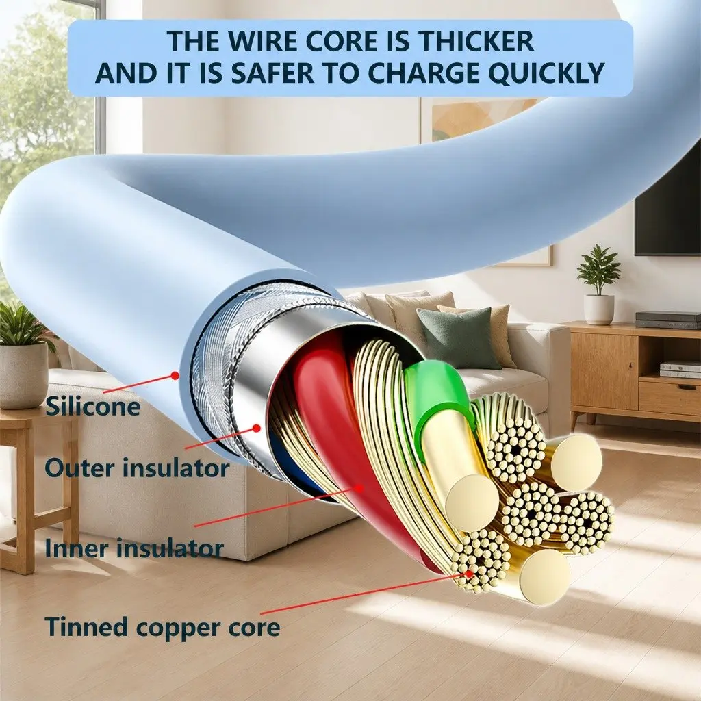 ThreeinOneChargingCableLiquidSiliconeElbowBlue12mFastCharging