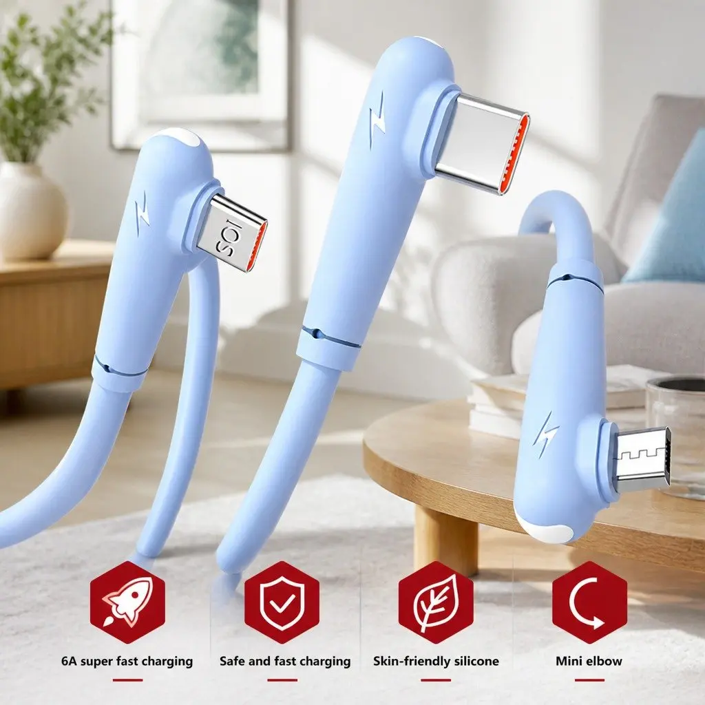 66W Fast Charging USB Cable Elbow Liquid Silicone 1.2m Blue