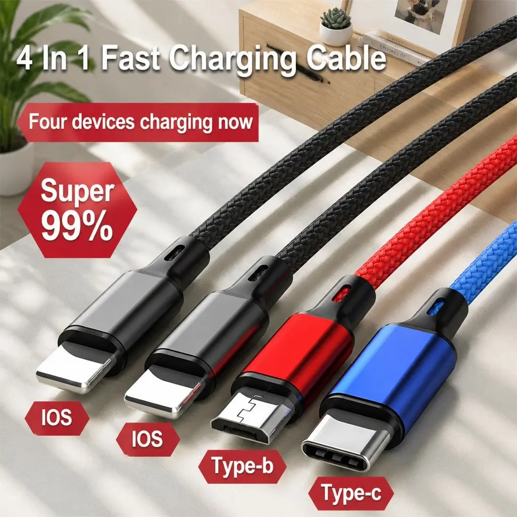 4-in-1 USB Charging Cable Nylon Woven 3.3mm Colorful