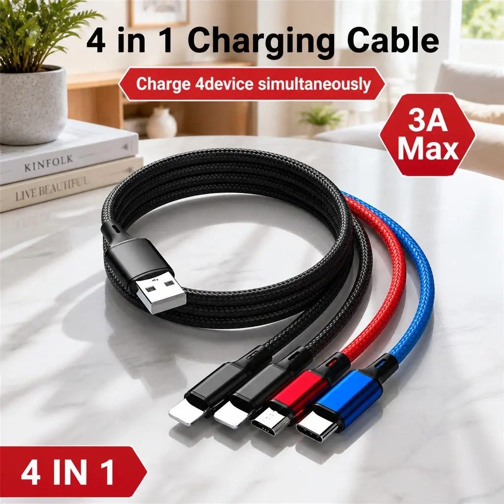 4-in-1 USB Charging Cable Nylon Woven 3.3mm Colorful