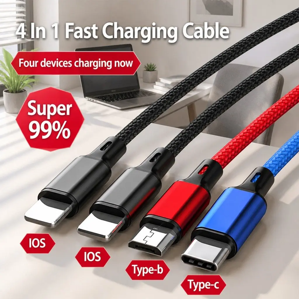 4-in-1 USB Charging Cable Nylon Woven 3.3mm Colorful Multi Device Connector