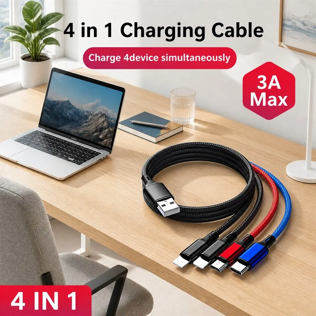 4-in-1 USB Charging Cable Nylon Woven 3.3mm Colorful Multi Device Connector