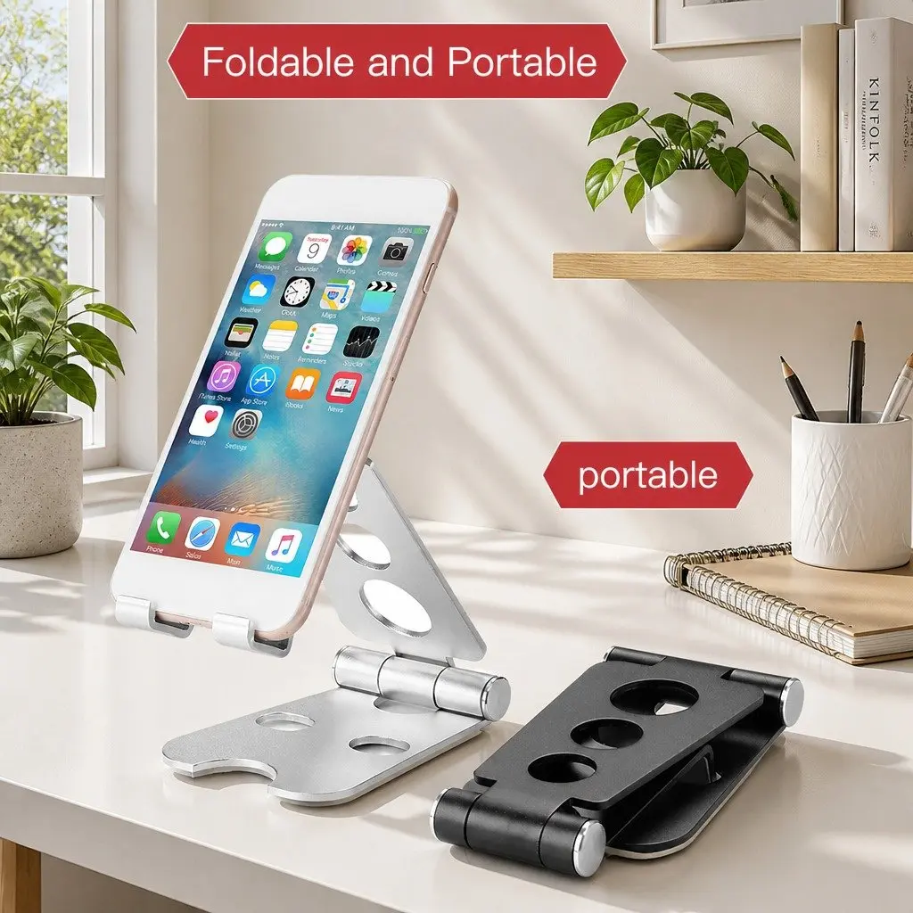 Phone Holder Metal Adjustable Stand Foldable Compact Lightweight 10X8X6cm Red